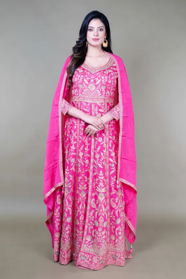 Rani Pink Long Anarkali & Middle Cut Suit With Skirt